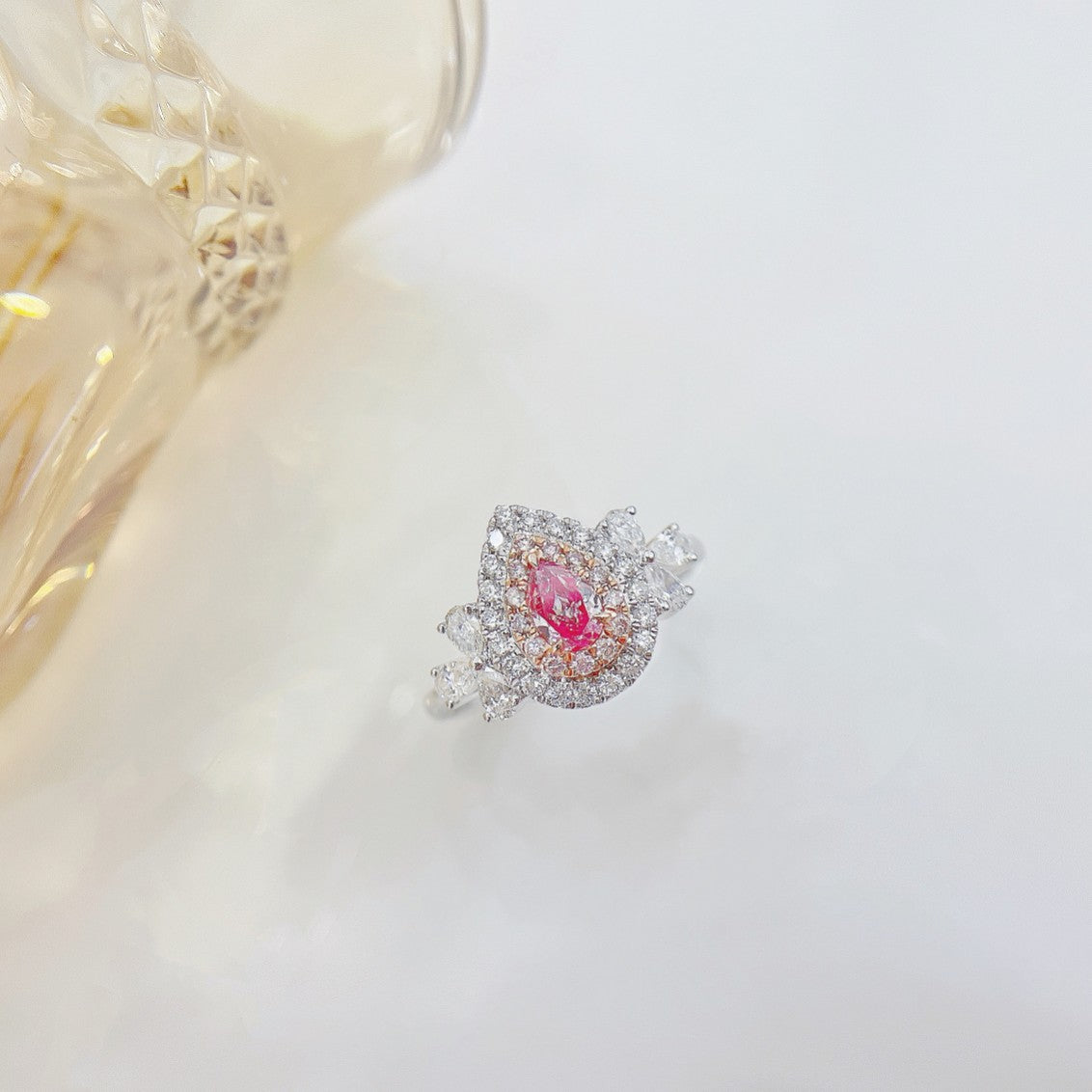 18K Pink Diamond Waterdrop Clover Ring - Luxury Jewelry - Pink Diamond Ring