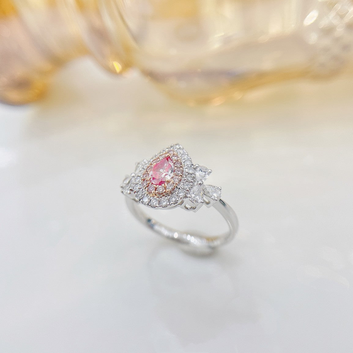 18K Pink Diamond Waterdrop Clover Ring - Luxury Jewelry - Pink Diamond Ring