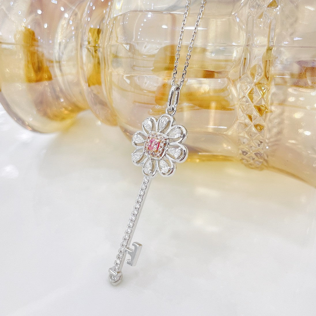 18K Pink Diamond Waterdrop Flower Key Pendant Jewelry - Pink Diamond Necklace