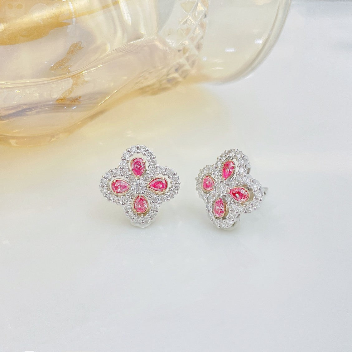 18K Pink Diamond Waterdrop Four-Leaf Clover Earrings - Jeweler.Jewelry