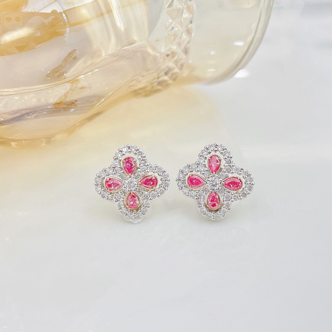 18K Pink Diamond Waterdrop Four-Leaf Clover Earrings - Jeweler.Jewelry