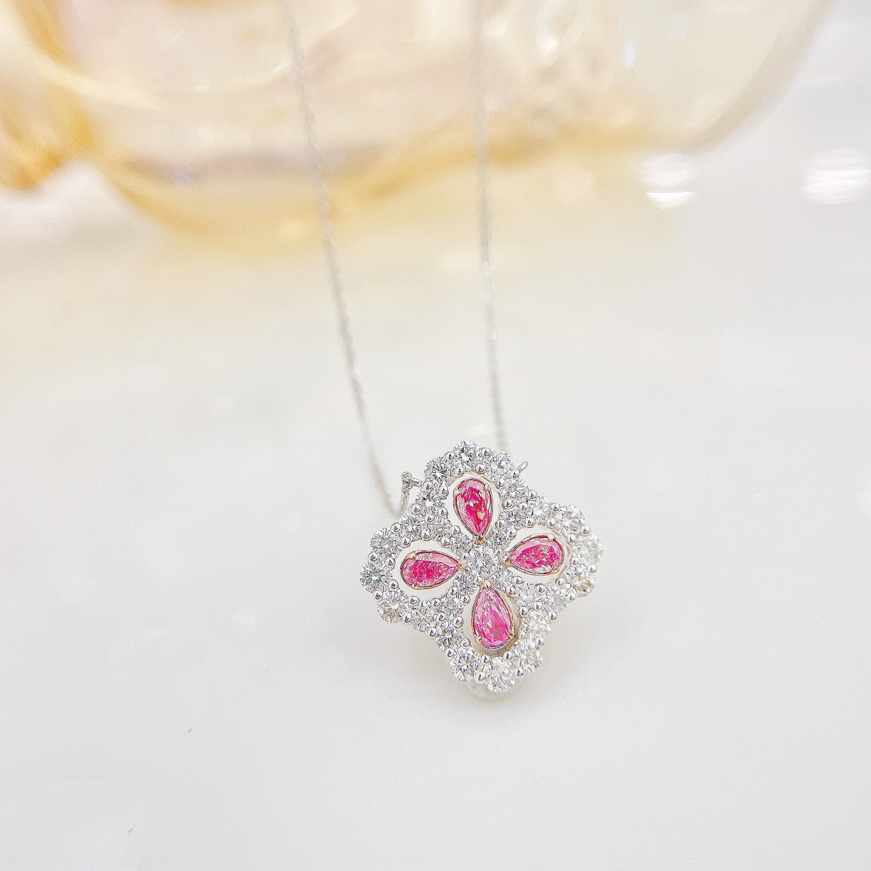 18K Pink Diamond Waterdrop Four-Leaf Clover Pendant Jewelry - Pink Diamond Necklace