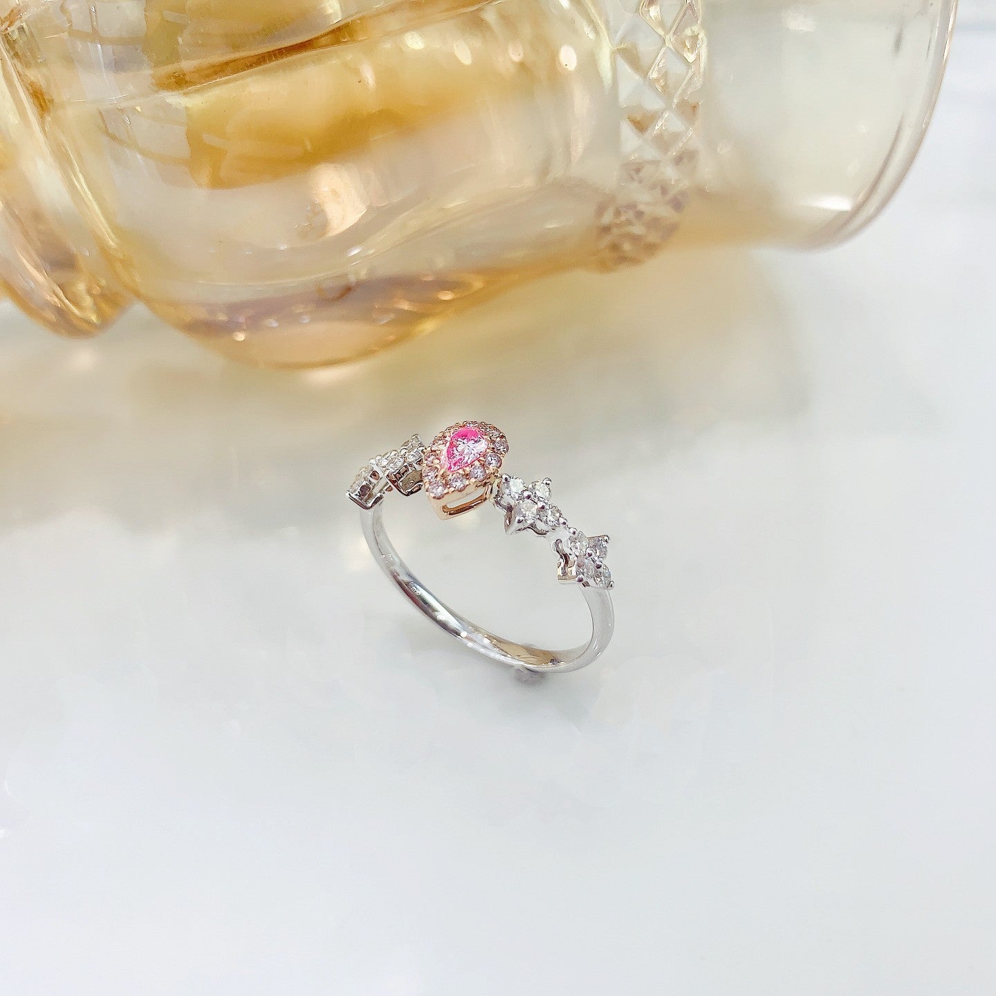 18K Pink Diamond Waterdrop Four-Leaf Clover Ring | Premium Jewelry - Pink Diamond Ring