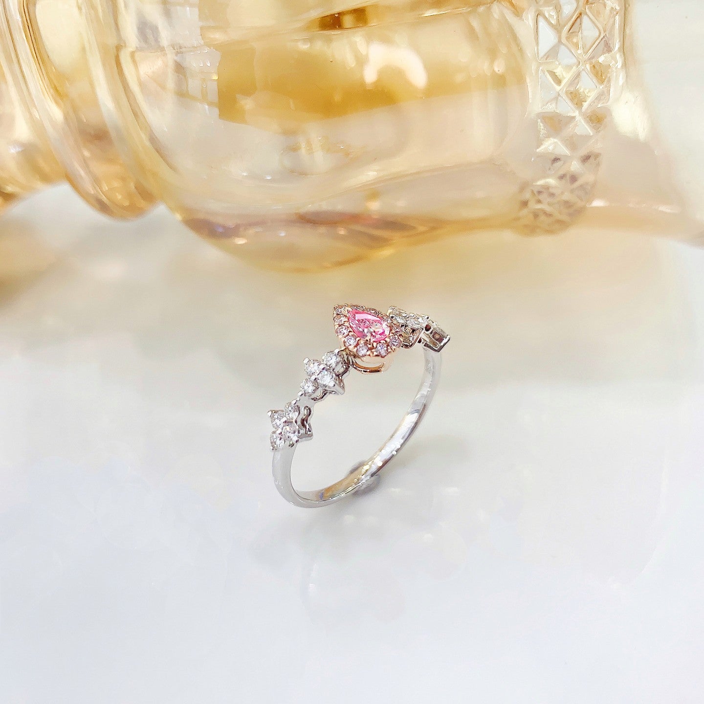 18K Pink Diamond Waterdrop Four-Leaf Clover Ring | Premium Jewelry - Pink Diamond Ring