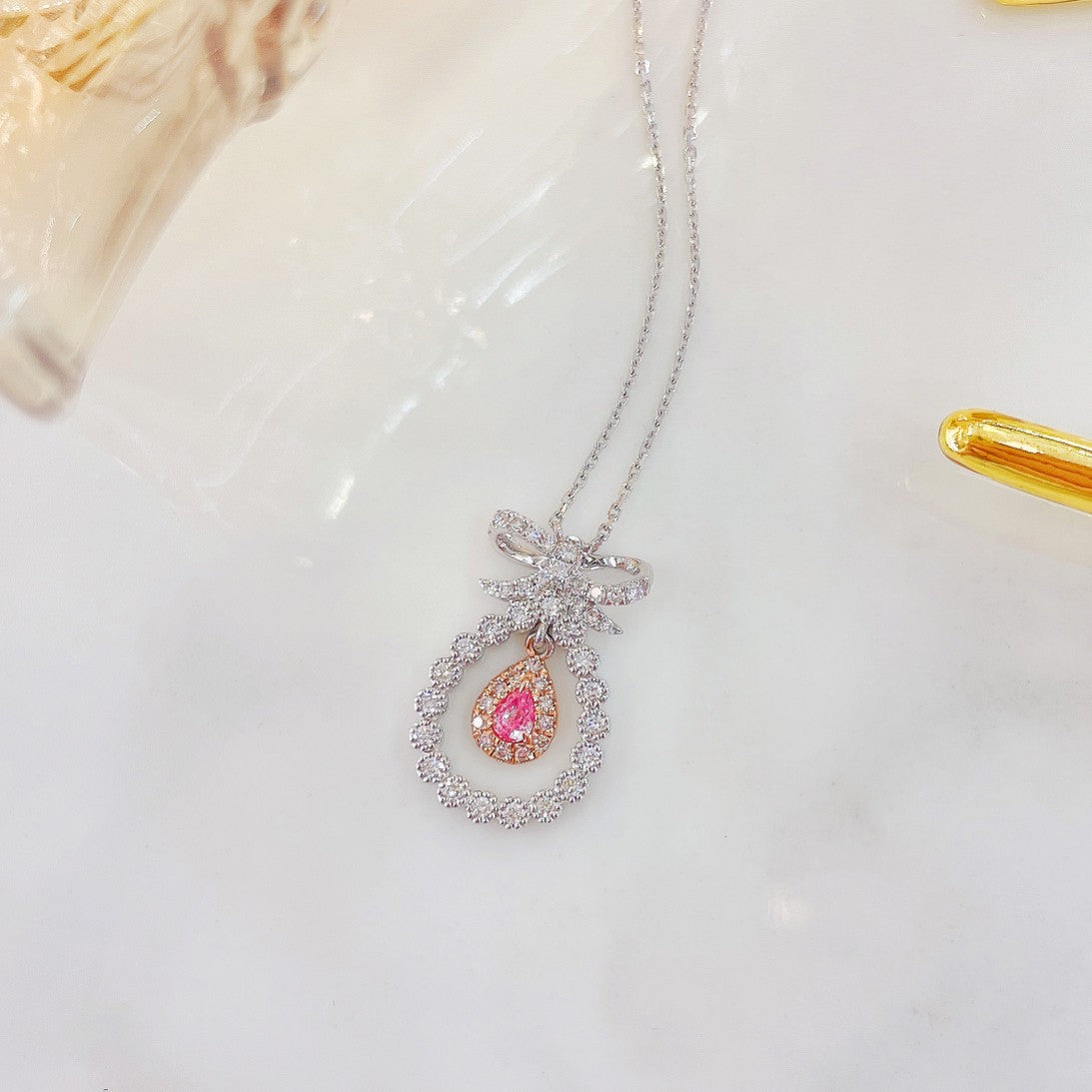 18K Pink Diamond Waterdrop Hollow Bowknot Necklace - Luxurious Jewelry - Pink Diamond Necklace