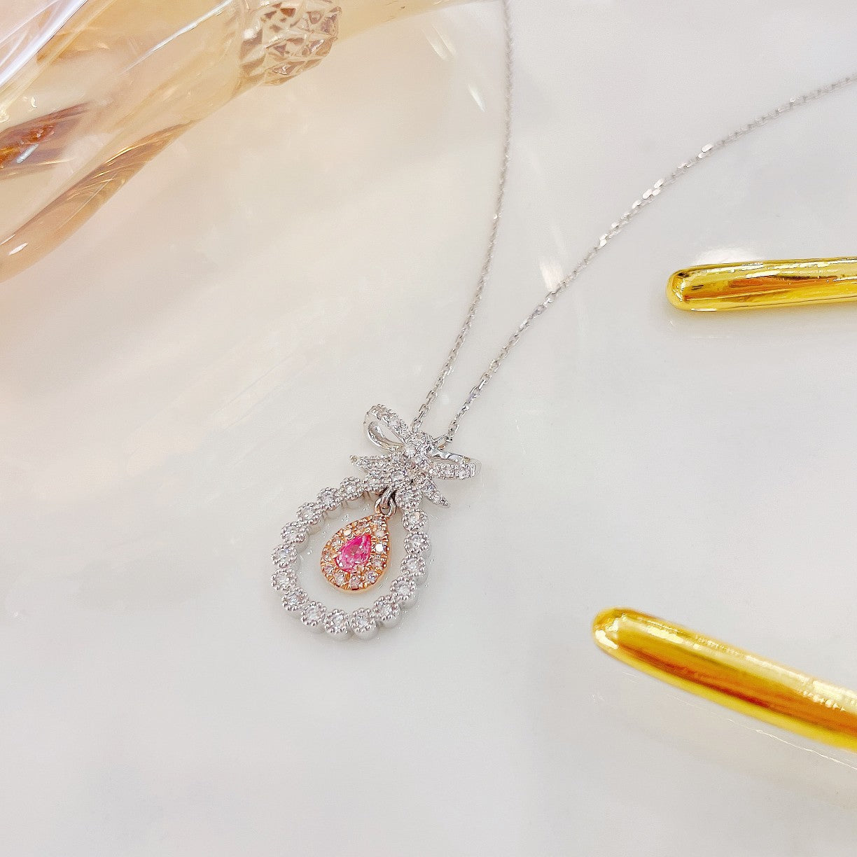 18K Pink Diamond Waterdrop Hollow Bowknot Necklace - Luxurious Jewelry - Pink Diamond Necklace