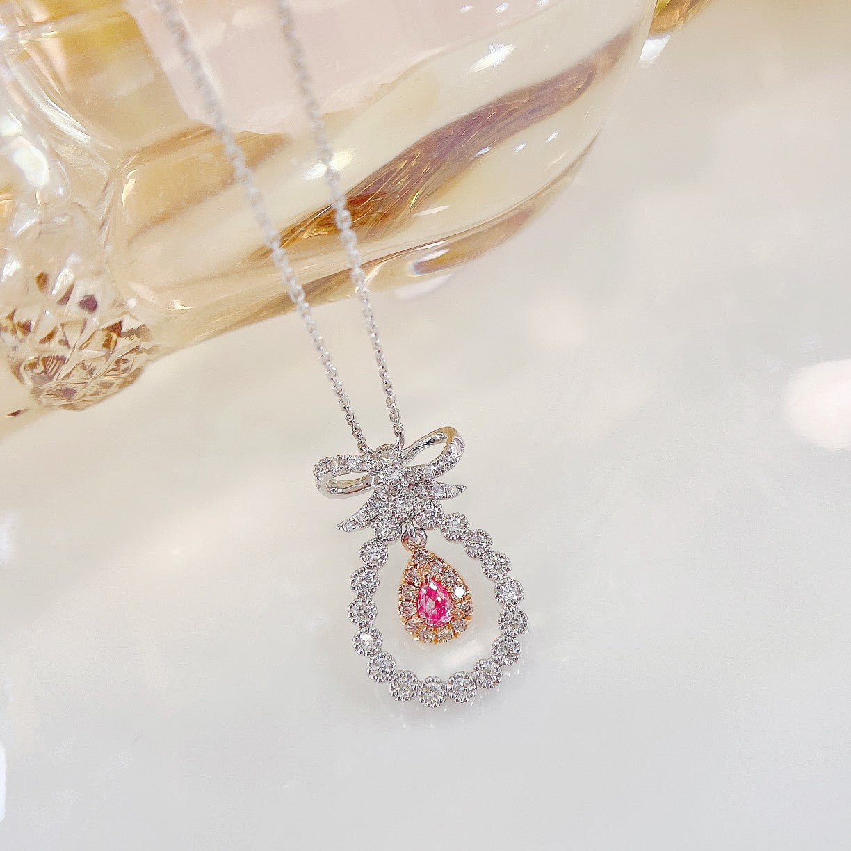 18K Pink Diamond Waterdrop Hollow Bowknot Necklace - Luxurious Jewelry - Pink Diamond Necklace