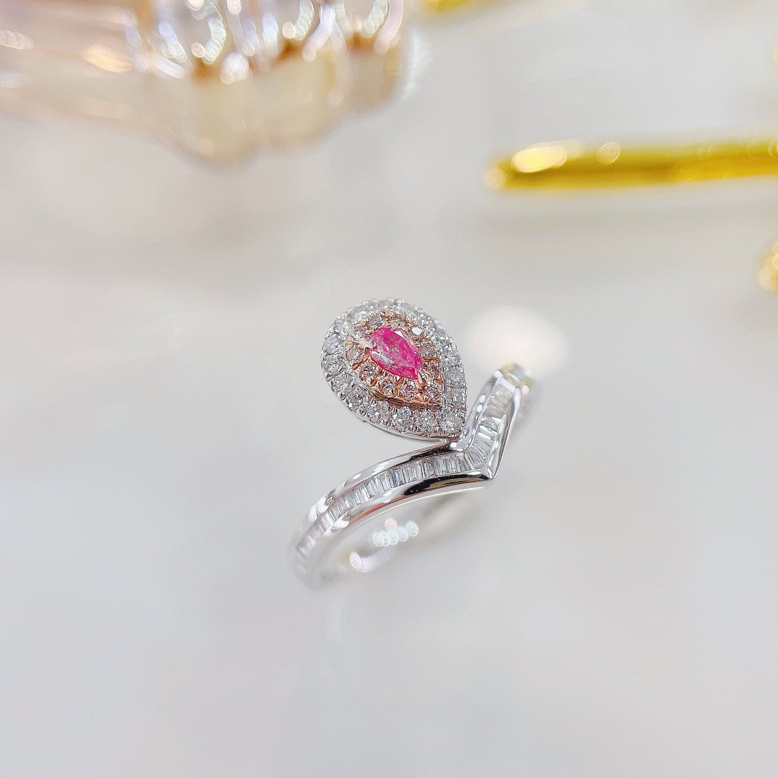 18K Pink Diamond Waterdrop Step-Cut V Ring | Luxury Jewelry - Pink Diamond Ring