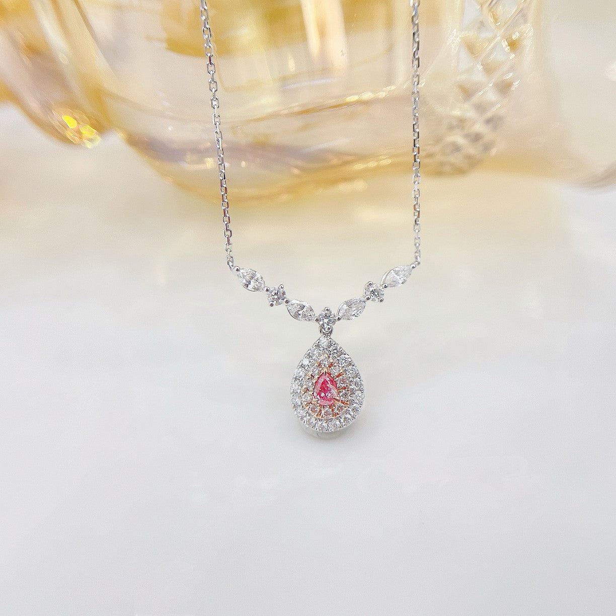 18K Pink Diamond Waterdrop V-Shaped Marquise Necklace - Pink Diamond Necklace