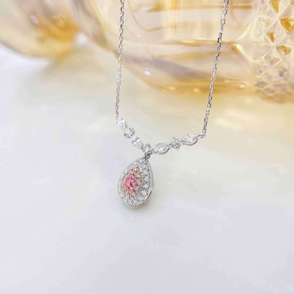 18K Pink Diamond Waterdrop V-Shaped Marquise Necklace - Pink Diamond Necklace