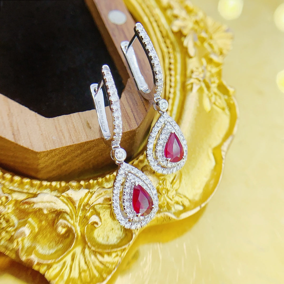 18K Red Gemstone Drop Double Layer Hollow-Out Surrounding Earrings Jeweler.Jewelry