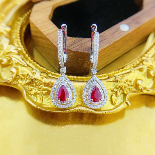 18K Red Gemstone Drop Double Layer Hollow-Out Surrounding Earrings Jeweler.Jewelry