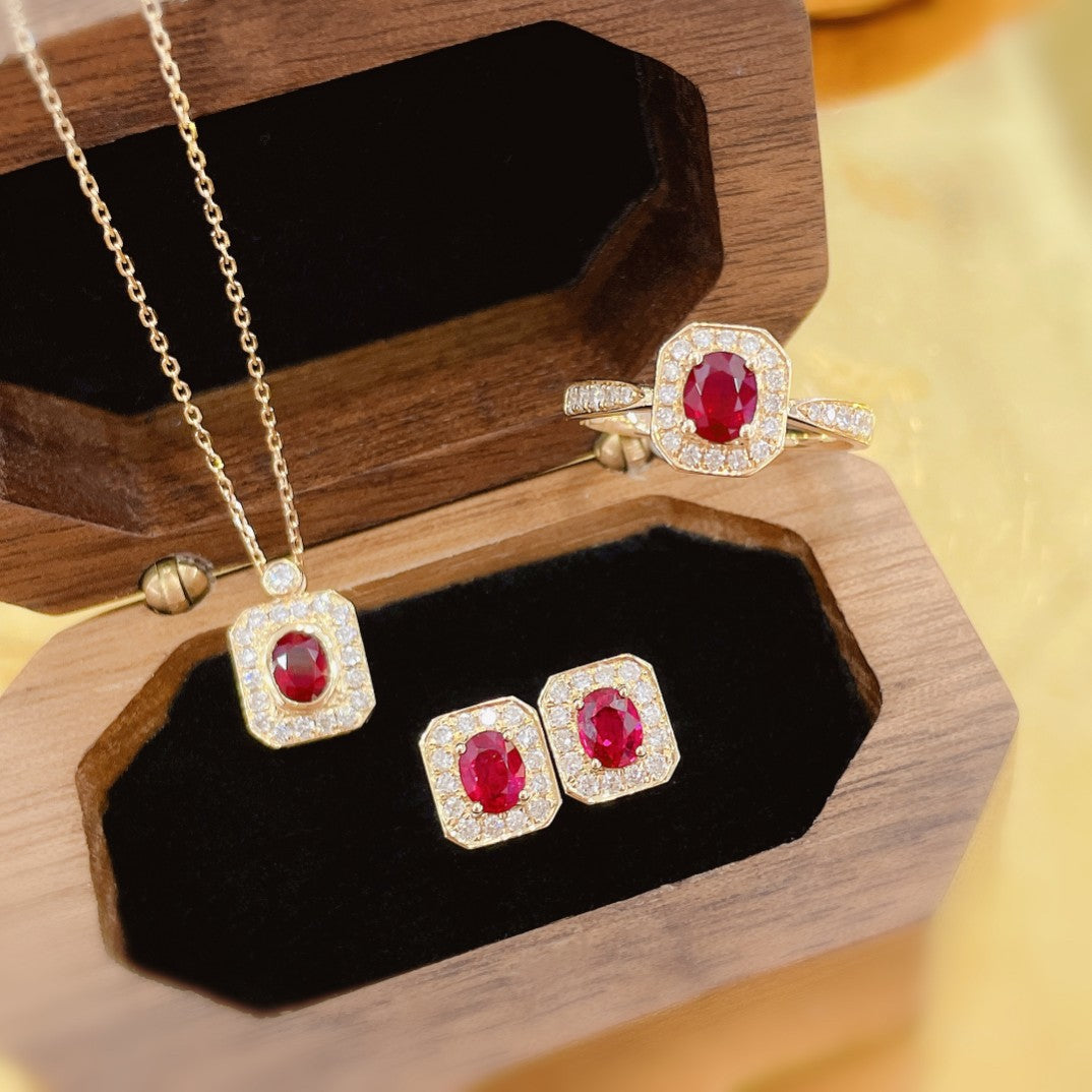 18K Red Gemstone Elliptical Diamond-Cut Edge Jewelry Set - Red Treasure Set Series