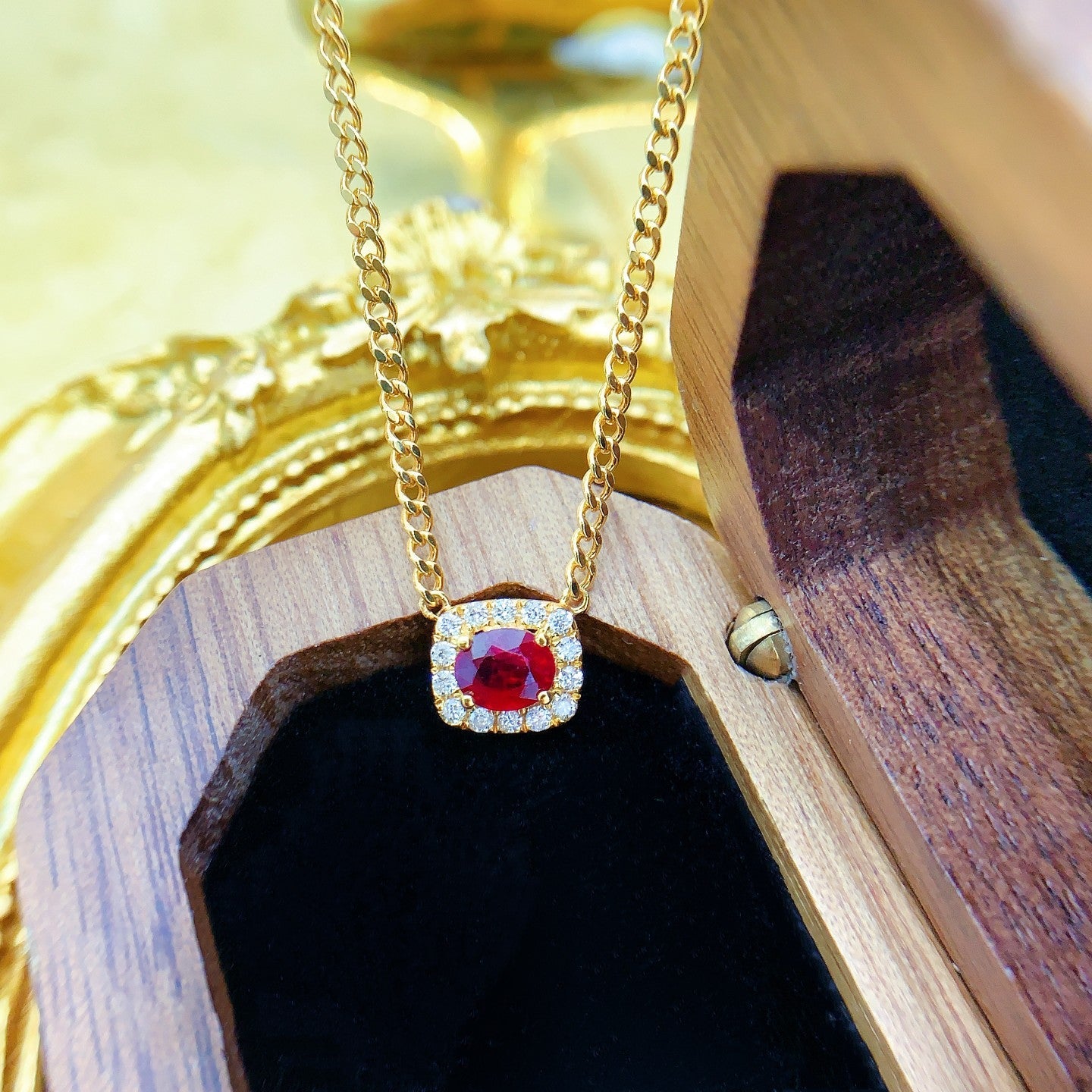 18K Red Gemstone Elliptical Square Halo Cuban Necklace - Red Treasure Necklace