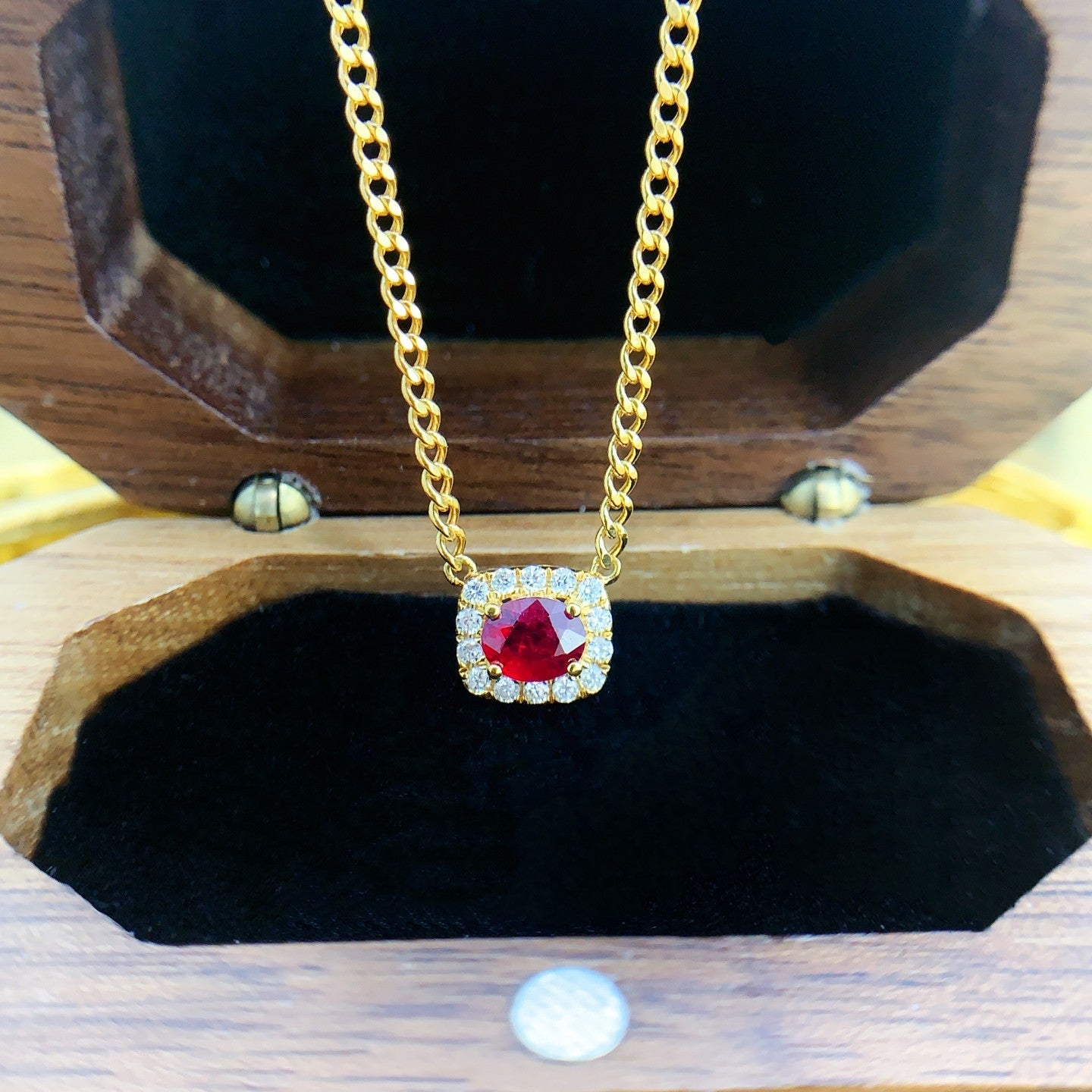 18K Red Gemstone Elliptical Square Halo Cuban Necklace - Red Treasure Necklace