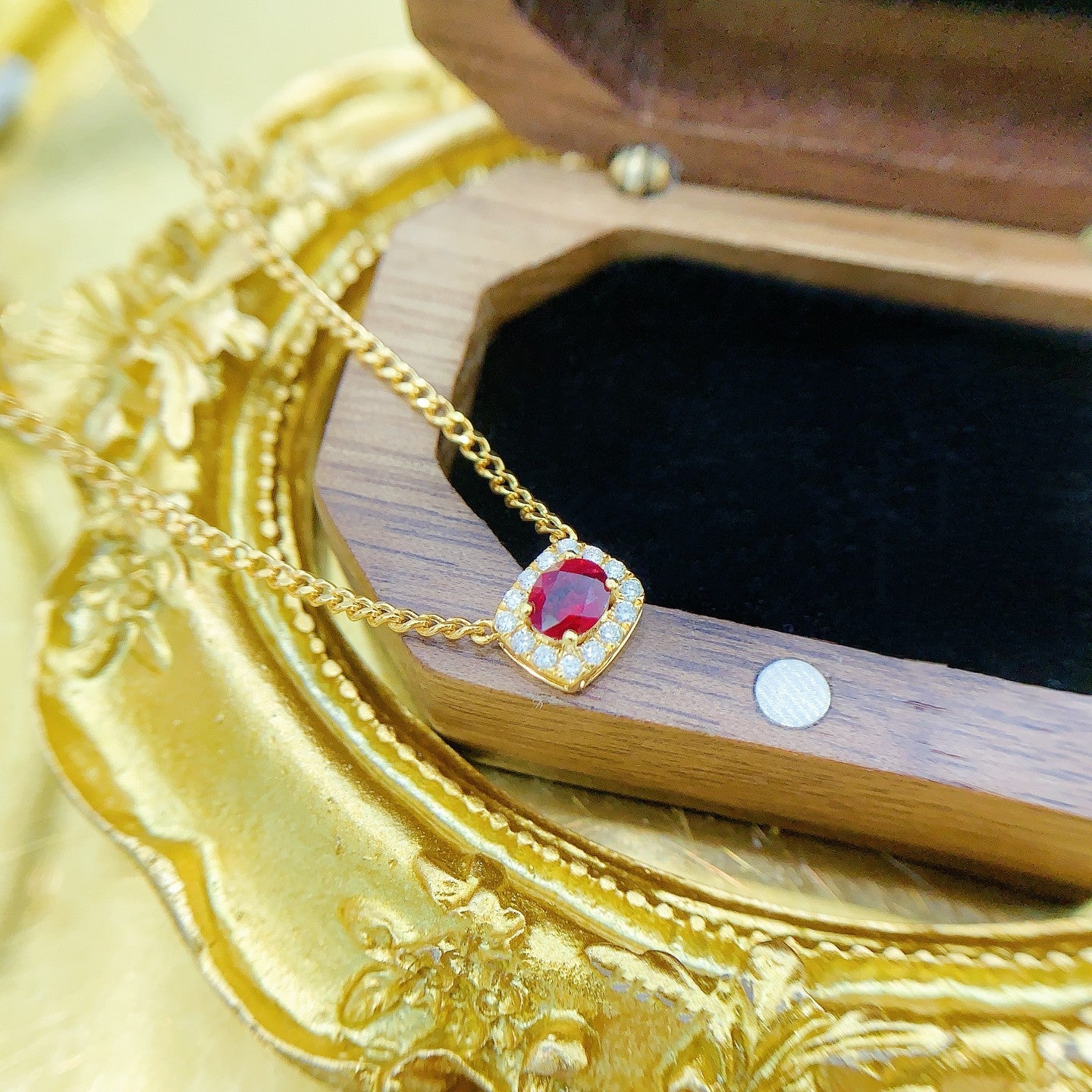 18K Red Gemstone Elliptical Square Halo Cuban Necklace - Red Treasure Necklace