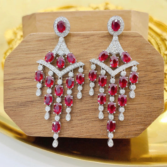 18K Red Gemstone Elliptical V-Shaped Tassel Earrings Jeweler.Jewelry