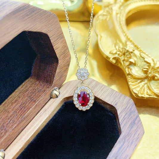 18K Red Gemstone Flower Pendant Necklace | Elegant Jewelry Piece - Red Treasure Necklace