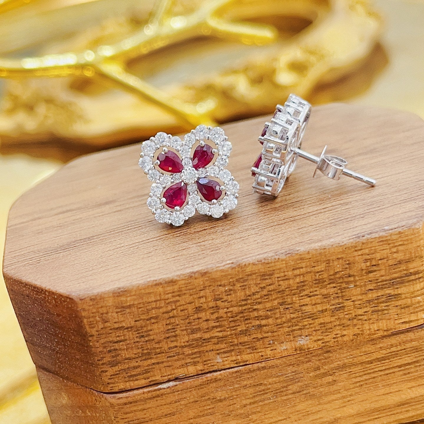 18K Red Gemstone Four-Leaf Clover Drop Earrings - Luxury Jewelry Jeweler.Jewelry