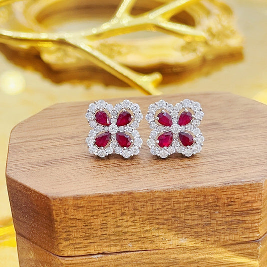 18K Red Gemstone Four-Leaf Clover Drop Earrings - Luxury Jewelry Jeweler.Jewelry