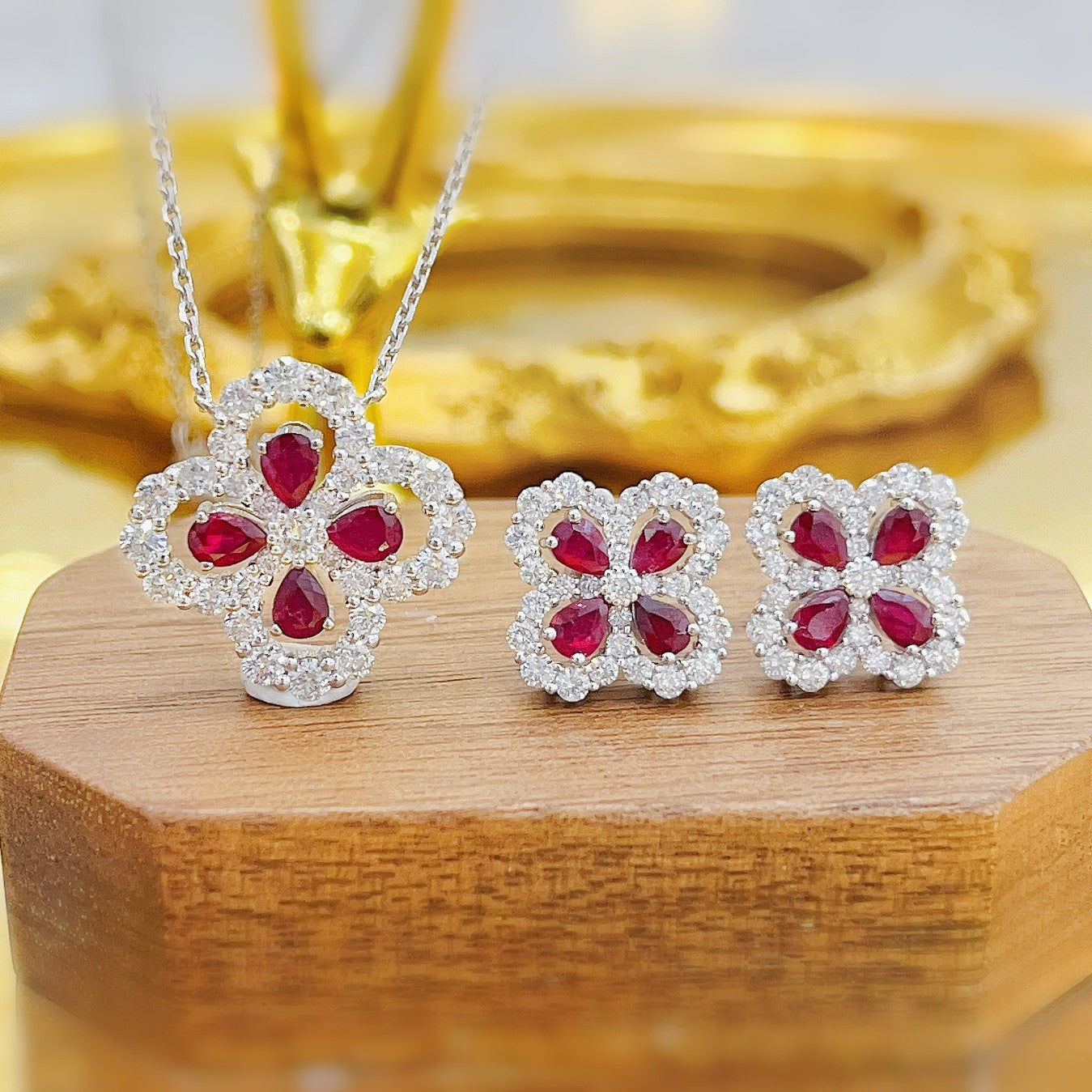 18K Red Gemstone Four-Leaf Clover Drop Earrings - Luxury Jewelry Jeweler.Jewelry