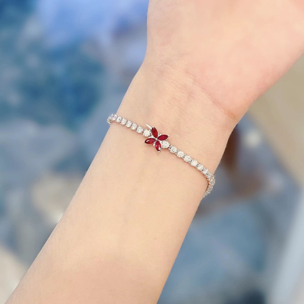 18K Red Gemstone Full Diamond Four-Leaf Clover Bracelet - Luxury Jewelry - Red Treasure Bracelet