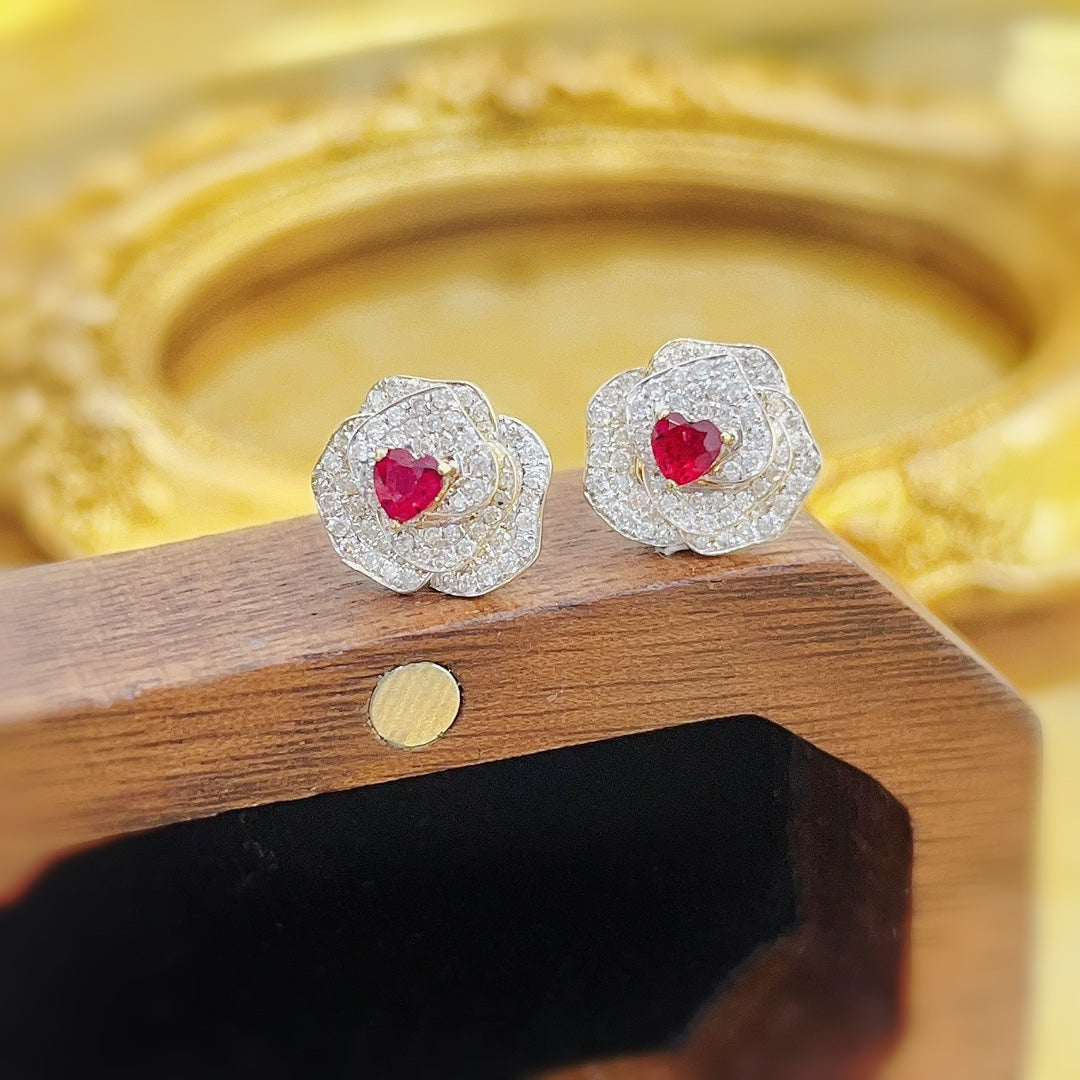 18K Red Gemstone Heart-Shaped Camellia Earrings Jeweler.Jewelry