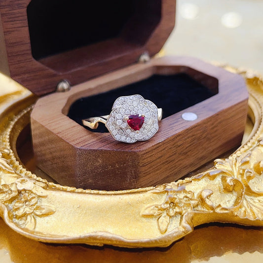 18K Red Gemstone Heart-shaped Camellia Ring | Premium Jewelry - Red Treasure Ring