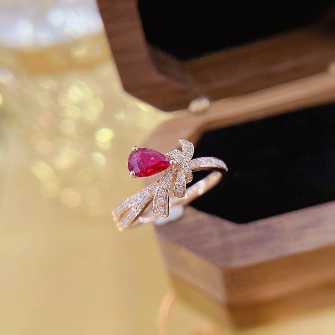 18K Red Gemstone Irregular Drop Shape Twisted Arm Ring | Unique Jewelry Piece - Red Treasure Ring