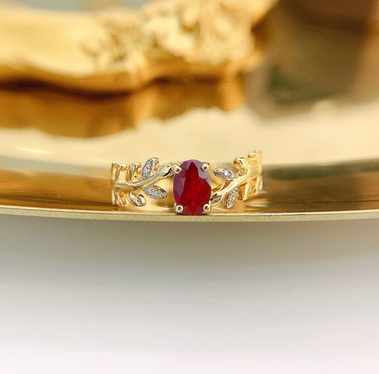 18K Red Gemstone Oval Willow Leaf Ring - Premium Jewelry - Red Treasure Ring