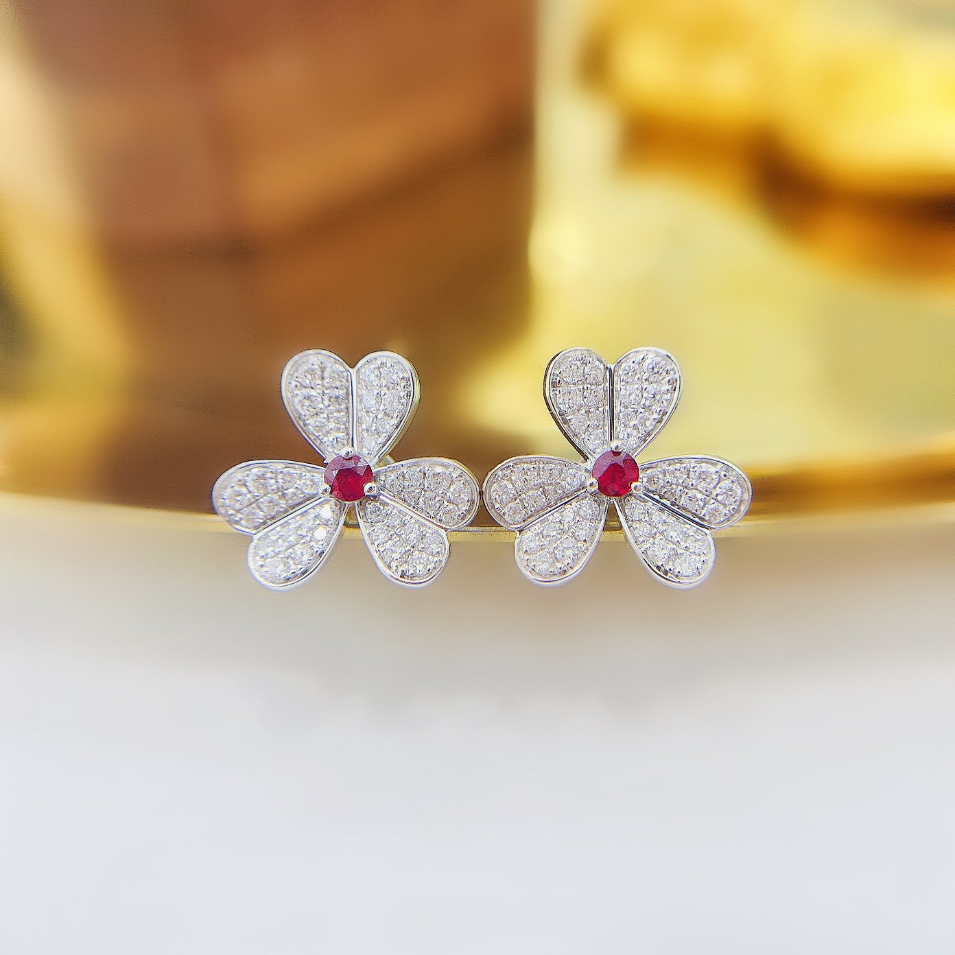 18K Red Gemstone Round Clover Earrings - Luxurious Jewelry Jeweler.Jewelry