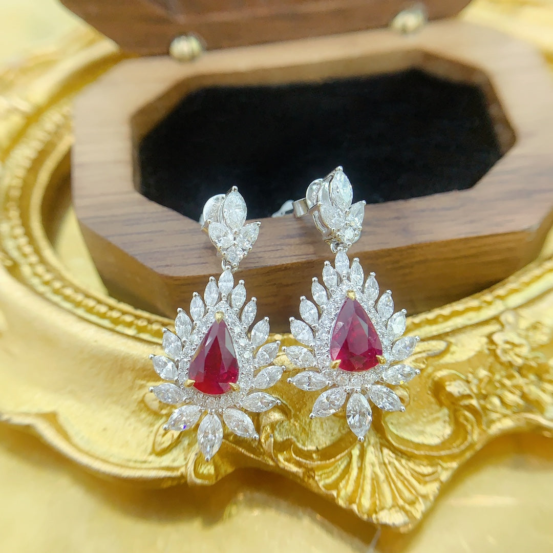 18K Red Gemstone Teardrop Surrounding Marquise Earrings - Premium Jewelry Jeweler.Jewelry