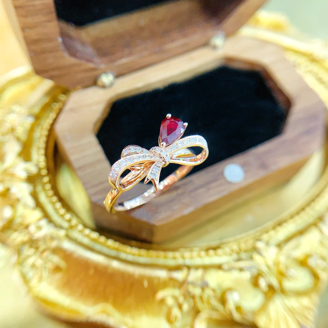 18K Red Gemstone Waterdrop Bowknot Ring - Elegant Jewelry Choice - Red Treasure Ring