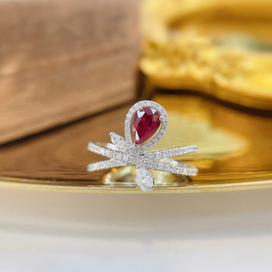 18K Red Gemstone Waterdrop Crossover Ring - Luxury Jewelry - Red Treasure Ring