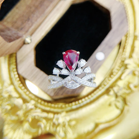 18K Red Gemstone Waterdrop Crown Ring - Luxury Jewelry - Red Treasure Ring