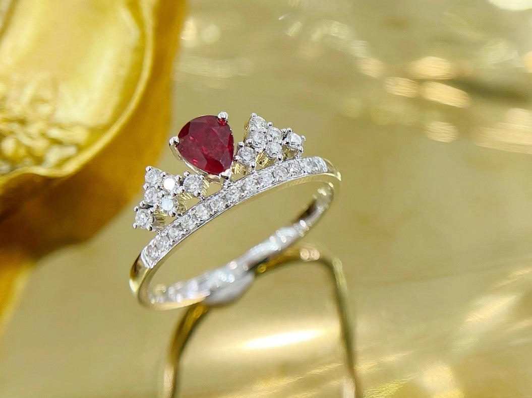 18K Red Gemstone Waterdrop Crown Ring - Luxury Jewelry - Red Treasure Ring