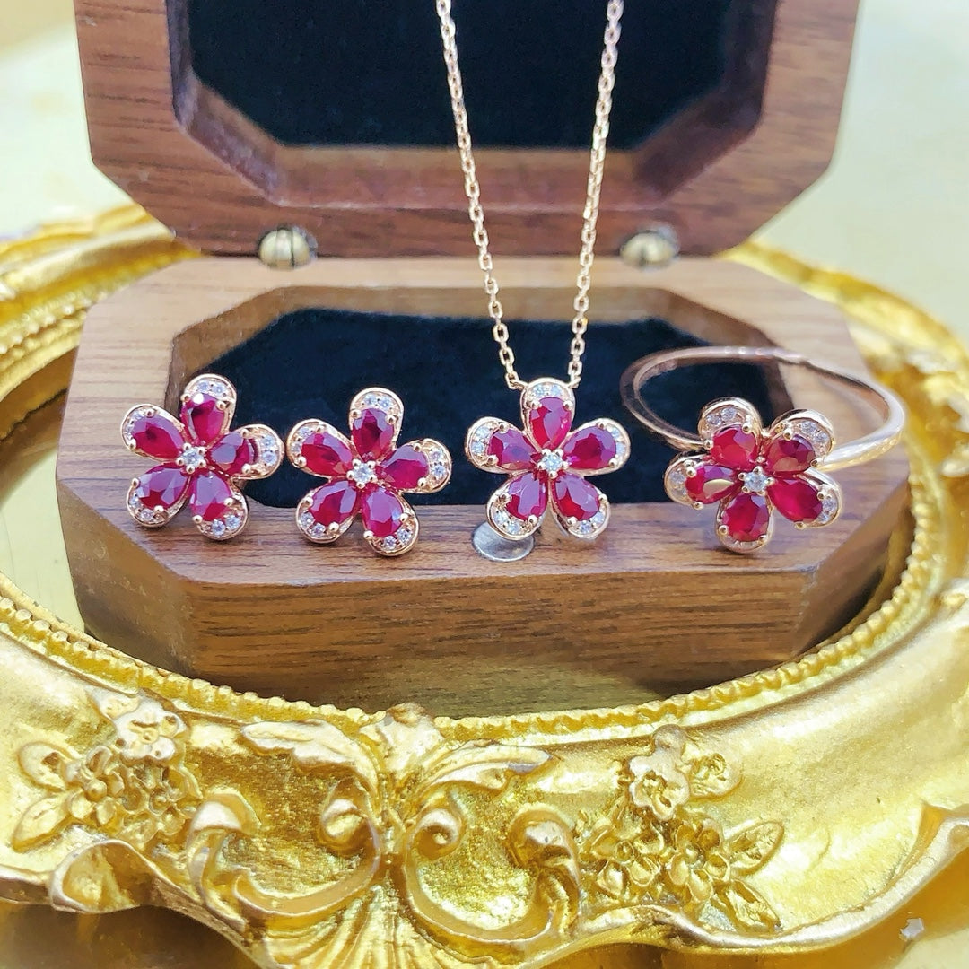 18K Red Gemstone Waterdrop Five-Flower Jewelry Set - Red Treasure Set Series