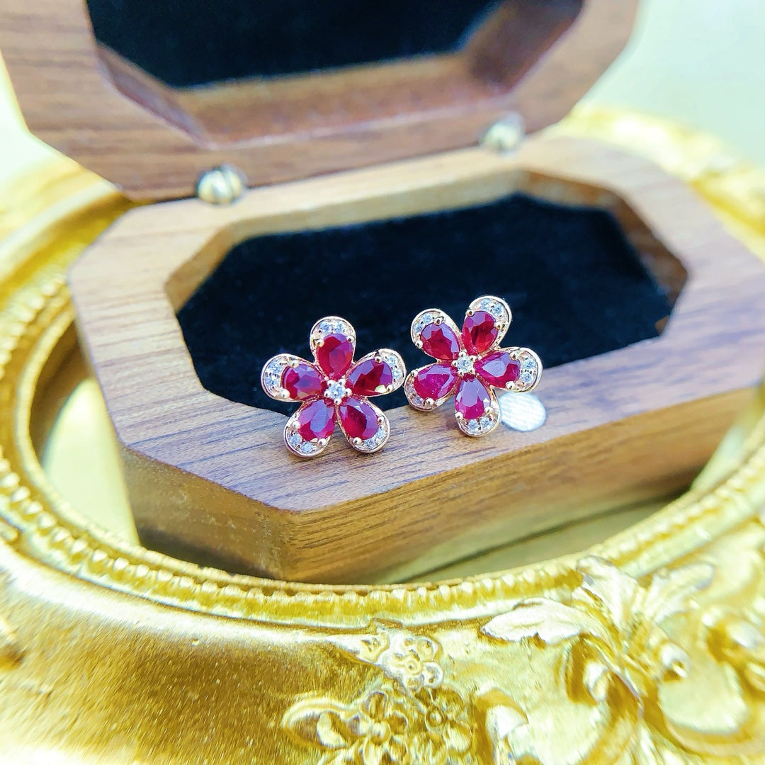 18K Red Gemstone Waterdrop Five-Flower Jewelry Set - Red Treasure Set Series