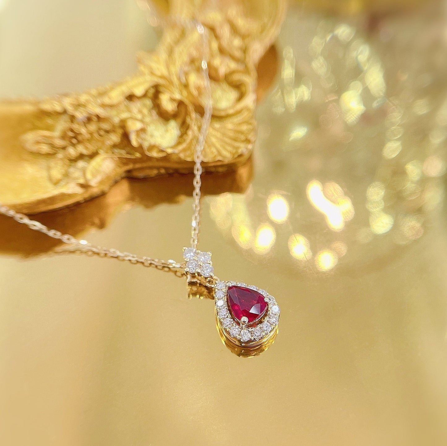 18K Red Gemstone Waterdrop Pendant with Diamond Halo Necklace - XL042-C - Red Treasure Necklace