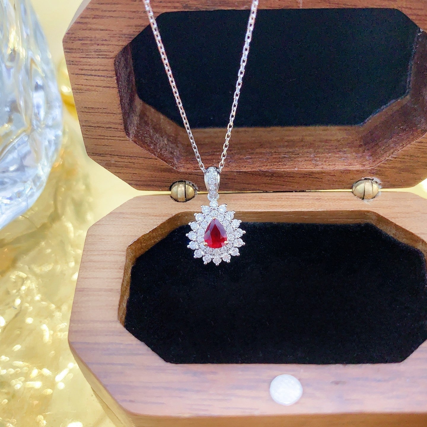 18K Red Gemstone Waterdrop Pendant with Diamond Halo Necklace - Luxurious Jewelry - Red Treasure Necklace