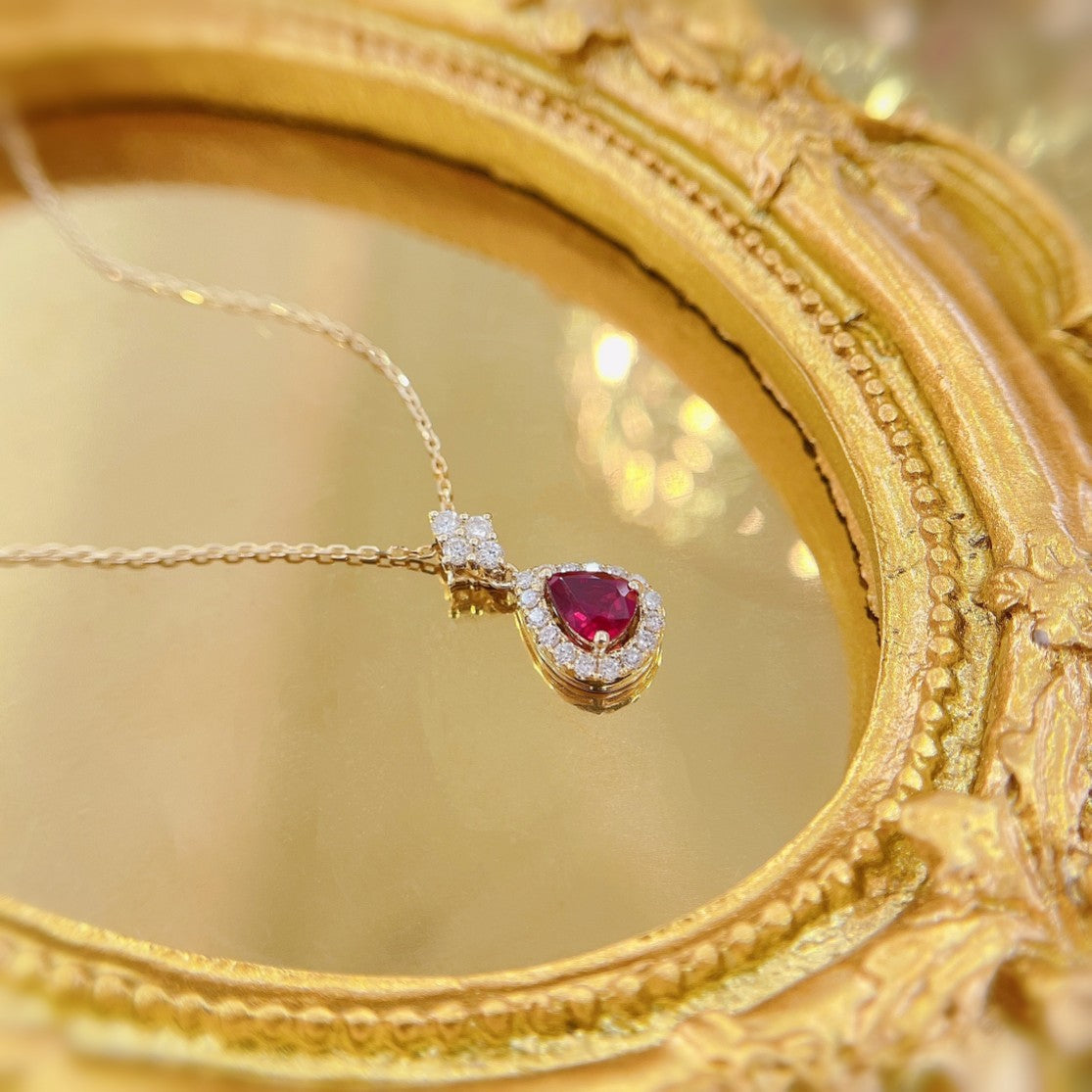 18K Red Gemstone Waterdrop Pendant with Diamond Halo Necklace - XL042-C - Red Treasure Necklace