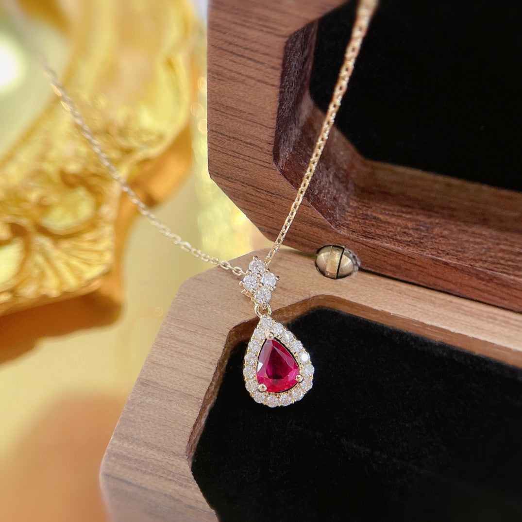 18K Red Gemstone Waterdrop Pendant with Diamond Halo Necklace - XL042-C - Red Treasure Necklace