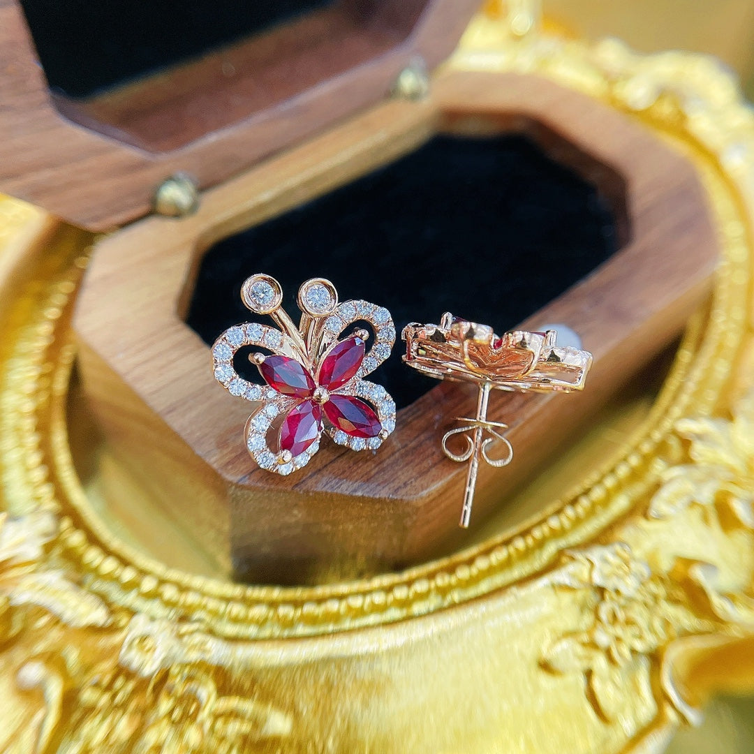 18K Red Gold Butterfly Earrings with Horse Eye Stones - Luxurious Jewelry Jeweler.Jewelry