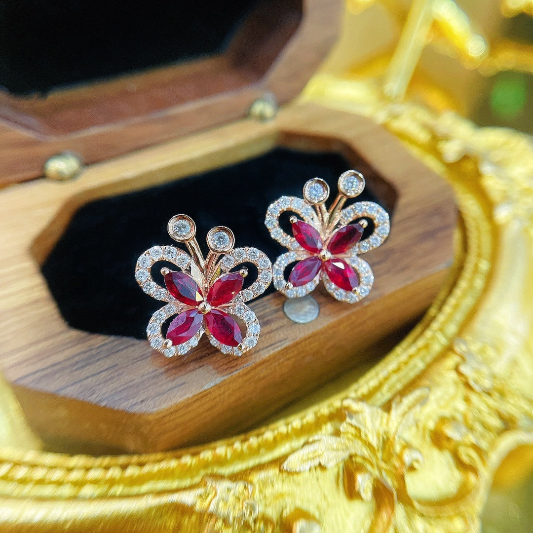 18K Red Gold Butterfly Earrings with Horse Eye Stones - Luxurious Jewelry Jeweler.Jewelry