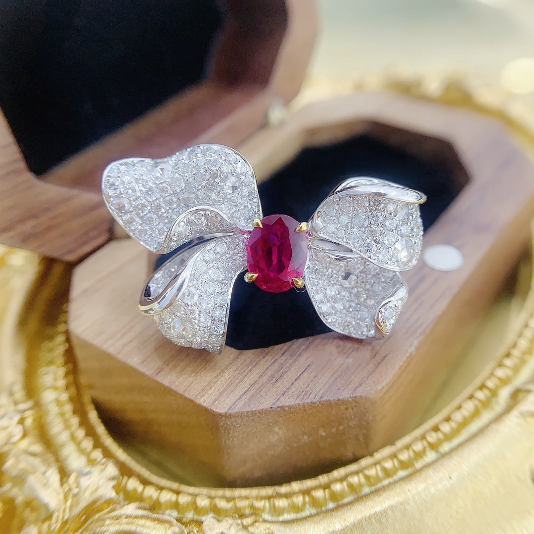 18K Red Ruby Bowknot Ring with AIGS Certificate - Premium Jewelry - Red Treasure Ring