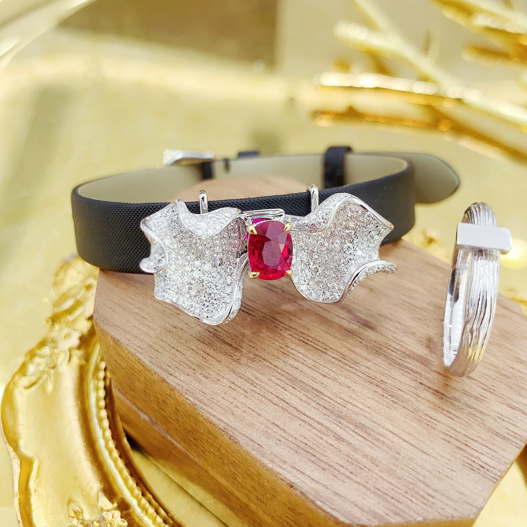 18K Rose Gold Butterfly Petal Three-Wear Jewelry with Ruby - Red Treasure Ring