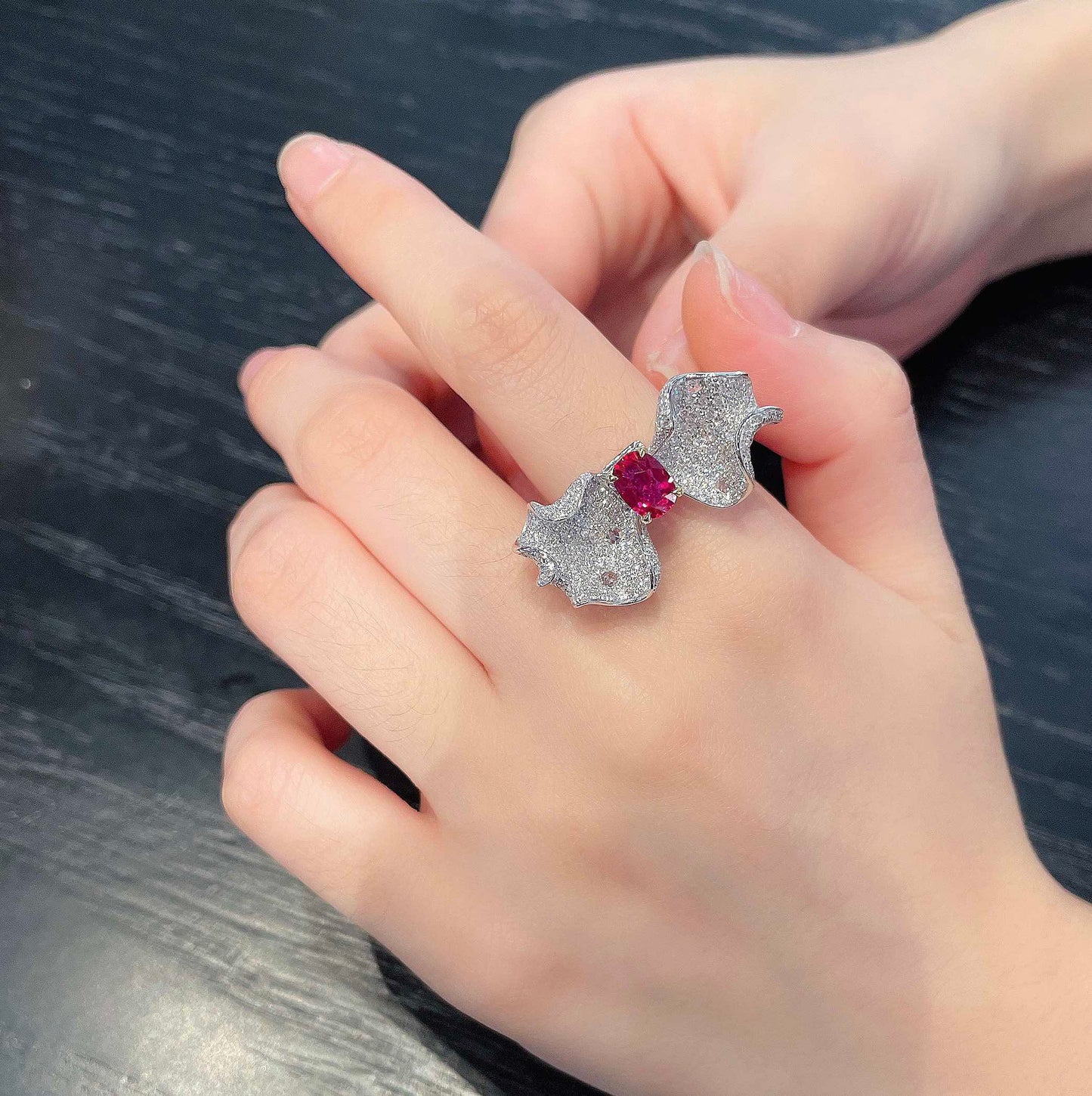 18K Rose Gold Butterfly Petal Three-Wear Jewelry with Ruby - Red Treasure Ring