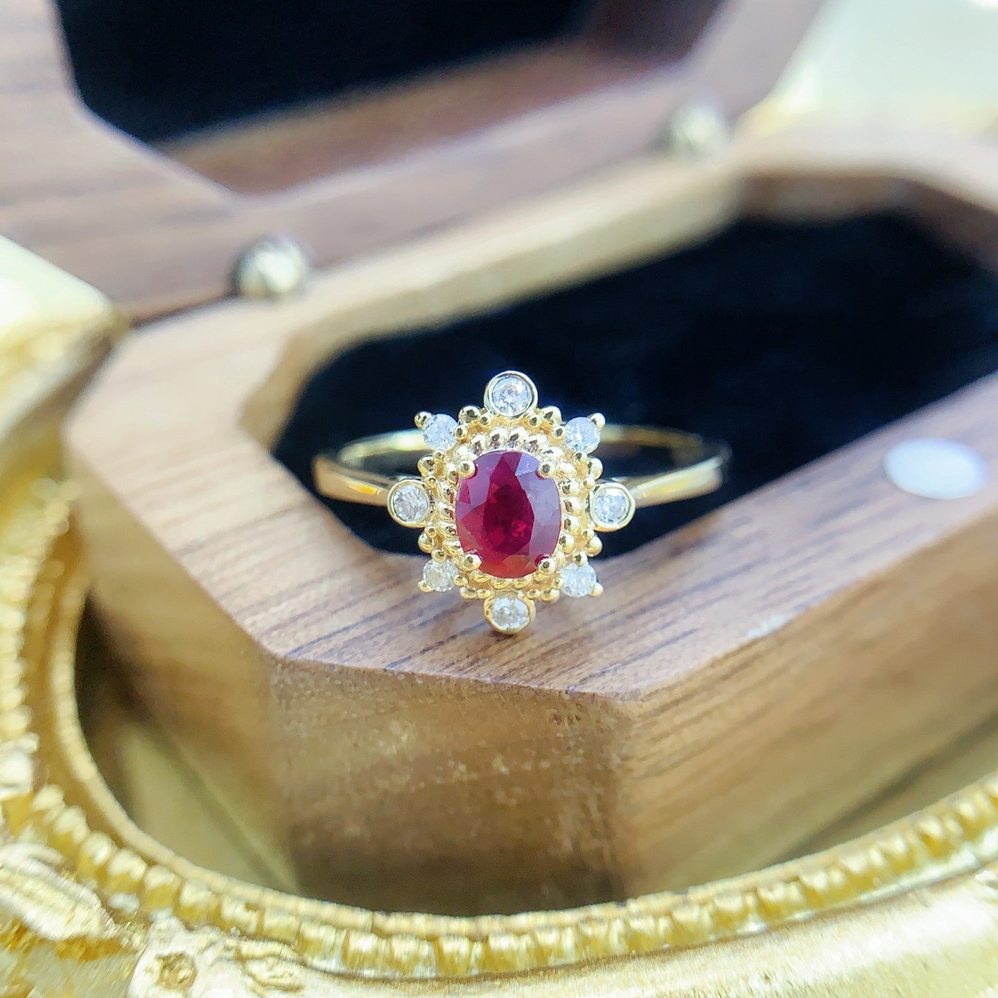 18K Rose Gold Court Style Elliptical Ruby Ring with Diamond Accents - Red Treasure Ring