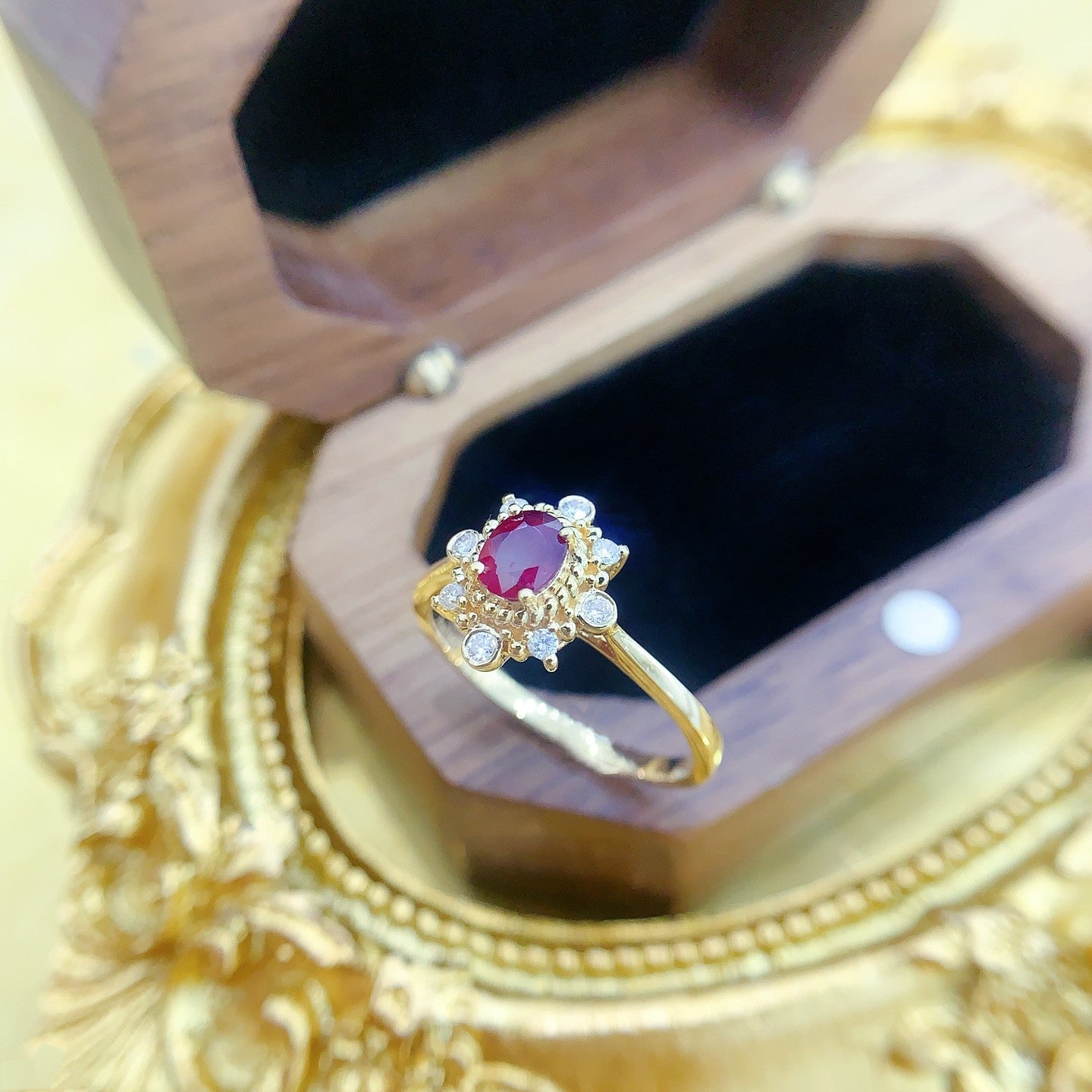 18K Rose Gold Court Style Elliptical Ruby Ring with Diamond Accents - Red Treasure Ring