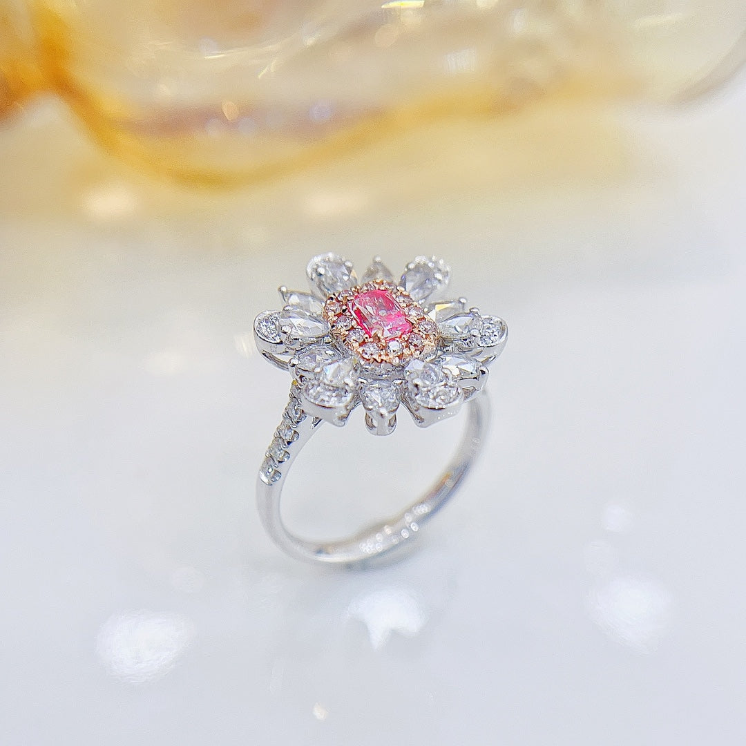 18K Rose Gold Diamond Cushion-Cut Flower Ring with AGL Certificate - Luxury Jewelry - Pink Diamond Ring